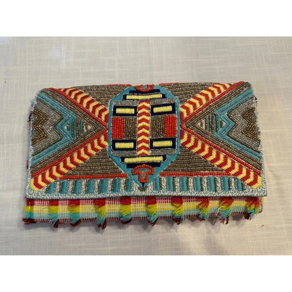 America & Beyond Beaded Boho Fringe Clutch Crossbody Bag Multi Color A472435